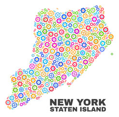 Mosaic technical Staten Island map isolated on a white background. Vector geographic abstraction in different colors. Mosaic of Staten Island map composed from random multi-colored wheel elements.