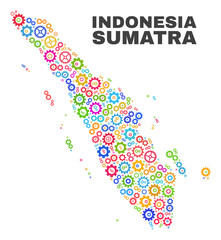 Mosaic technical Sumatra map isolated on a white background. Vector geographic abstraction in different colors. Mosaic of Sumatra map combined of scattered bright cog elements.