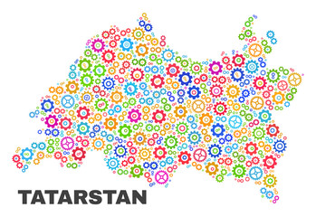 Mosaic technical Tatarstan map isolated on a white background. Vector geographic abstraction in different colors. Mosaic of Tatarstan map combined of random bright wheel items.
