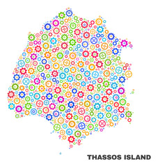 Mosaic technical Thassos Island map isolated on a white background. Vector geographic abstraction in different colors. Mosaic of Thassos Island map combined of scattered multi-colored cogwheel items.