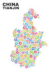 Mosaic technical Tianjin City map isolated on a white background. Vector geographic abstraction in different colors. Mosaic of Tianjin City map combined of random multi-colored gear items.
