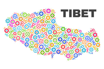 Mosaic technical Tibet map isolated on a white background. Vector geographic abstraction in different colors. Mosaic of Tibet map composed from random multi-colored cog elements.
