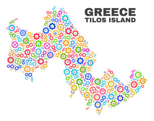 Mosaic technical Tilos Island map isolated on a white background. Vector geographic abstraction in different colors. Mosaic of Tilos Island map combined of scattered bright gearwheel elements.