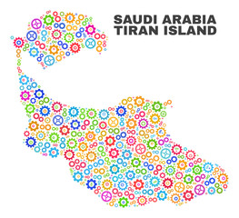 Mosaic technical Tiran Island map isolated on a white background. Vector geographic abstraction in different colors. Mosaic of Tiran Island map combined of scattered multi-colored cog items.