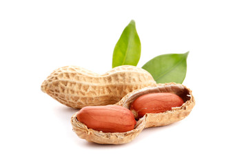 Raw peanuts on white background with green leaf. Healthy snack ona white background.Top view....