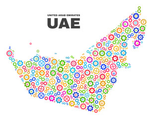 Mosaic technical United Arab Emirates map isolated on a white background. Vector geographic abstraction in different colors.
