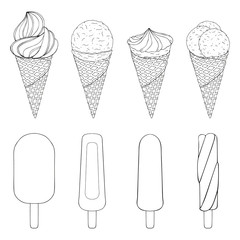 Collection of hand drawn ice cream. vector illustration. isolated objects. Black and white.