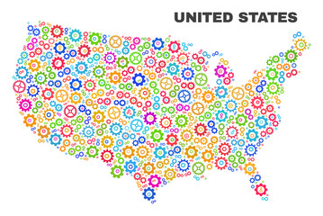Mosaic technical United States map isolated on a white background. Vector geographic abstraction in different colors. Mosaic of United States map combined of random multi-colored gear elements.