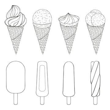 Collection of hand drawn ice cream. vector illustration. isolated objects. Black and white.
