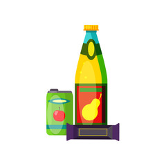 Soda and chocolate bar. Pear juice in bottle, apple soda in can and packaged candy. Can be used for topics like unhealthy eating, sugar, snack