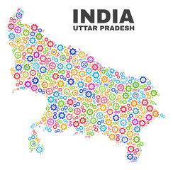 Mosaic technical Uttar Pradesh State map isolated on a white background. Vector geographic abstraction in different colors.