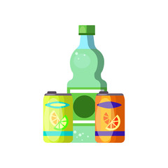 Soft drinks in bottle and cans. Delicious fruit fizzy water. Can be used for topics like beverage, juice, vending machine