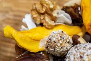 Bowl with nuts and dried fruits and raw balls. Slovakia