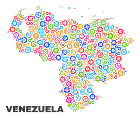 Mosaic technical Venezuela map isolated on a white background. Vector geographic abstraction in different colors. Mosaic of Venezuela map combined of scattered bright cogwheel items.