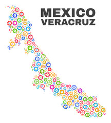 Mosaic technical Veracruz State map isolated on a white background. Vector geographic abstraction in different colors. Mosaic of Veracruz State map combined of scattered multi-colored cog elements.