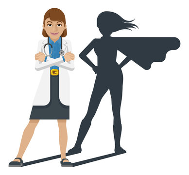 A young woman medical doctor revealed as super hero by his shadow silhouette