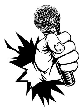 A fist hand holding a microphone or mic and breaking through the background or wall in a vintage intaglio woodcut engraved or retro propaganda style