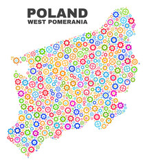 Mosaic technical West Pomeranian Voivodeship map isolated on a white background. Vector geographic abstraction in different colors.