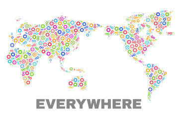 Mosaic technical world map isolated on a white background. Vector geographic abstraction in different colors. Mosaic of world map combined of scattered multi-colored gear elements.