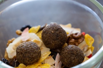 Bowl with nuts and dried fruits and raw balls. Slovakia