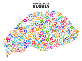 Mosaic technical Wrangel Island map isolated on a white background. Vector geographic abstraction in different colors. Mosaic of Wrangel Island map combined of scattered multi-colored cog elements.
