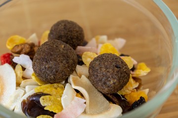 Bowl with nuts and dried fruits and raw balls. Slovakia