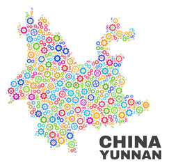 Mosaic technical Yunnan Province map isolated on a white background. Vector geographic abstraction in different colors. Mosaic of Yunnan Province map combined of random multi-colored wheel elements.