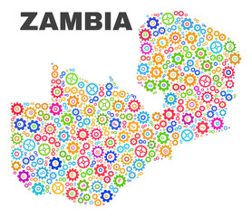 Mosaic technical Zambia map isolated on a white background. Vector geographic abstraction in different colors. Mosaic of Zambia map designed from scattered bright gearwheel elements.