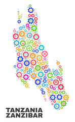 Mosaic technical Zanzibar Island map isolated on a white background. Vector geographic abstraction in different colors. Mosaic of Zanzibar Island map combined of random multi-colored gearwheel items.