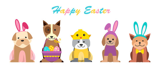 Happy Easter holiday greeting with cute dogs in Easter costumes with bunny ears and basket with eggs, vector illustration