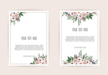 Vector floral design card. Greeting, postcard wedding invite template. Elegant frame with rose and anemone