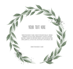 Floral wreath with green eucalyptus leaves, flower rose, anemone . Frame border with copy space eps10