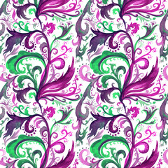 Hand drawn abstract watercolor seamless pattern with pink, purple and green floral ornament, curls, wavy lines, doodles on a white background