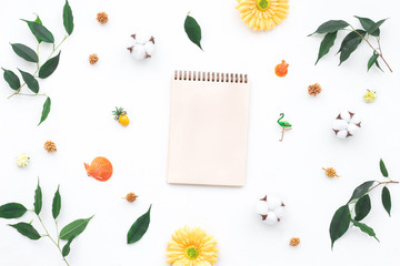 Notebook, ficus leaves, gerbera flowers, sea shells on white background, flat lay, top view