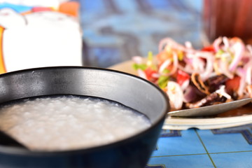 the thai rice porridge with fried dried squid