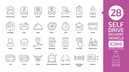 Driverless autonomous delivery vehicle line icon set. Self drive van car, drone, robocourier and truck for packages, post, pizza and food transportation.