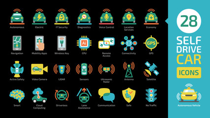 Autonomous vehicle color vector shape icon set on a black background. Self drive system smart sensor safety automated car technology pictogram collection.