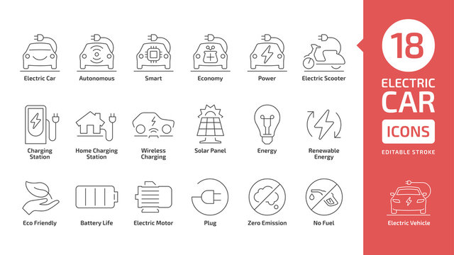 Electric Vehicle Line Icon Set. Electricity Car And Scooter Editable Stroke Outline Sign Collection.