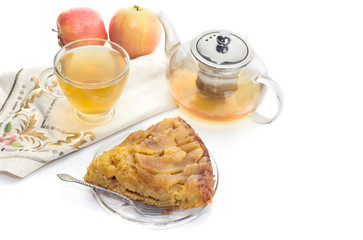 Homemade apple pie and tea in a cup close-up