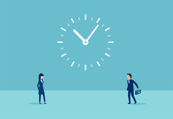 Vector of a businessman with a briefcases and a woman and a big clock between
