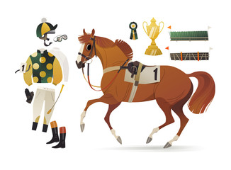 Essential jockey apparel for steeplechase, red thoroughbred horse in common racing harness