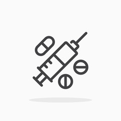 Syringe and pills icon in line style. Editable stroke.