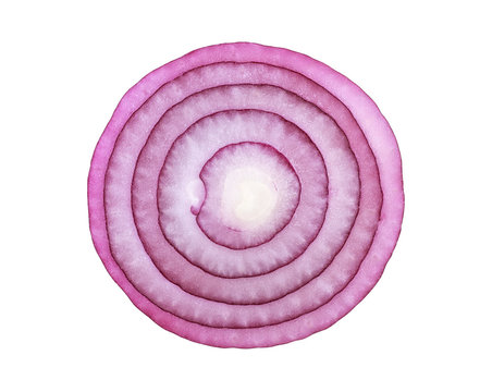 Violet onion slice on a white background, top view.