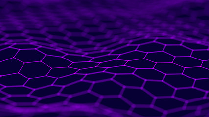 Data technology background. Hexagon background. Abstract background. Connecting dots and lines on dark background. 3D rendering. 4k.