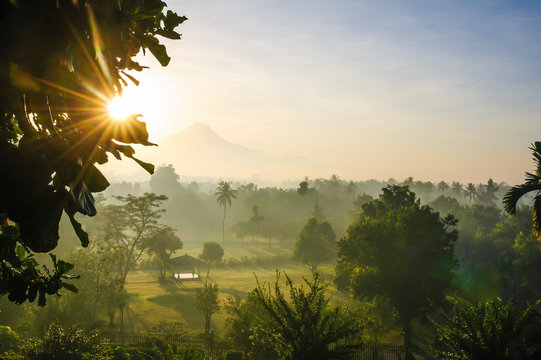 Indonesia, Java, early morning view from the Borobudur Temple Complex on the scenery around