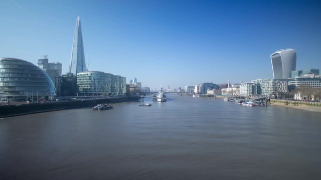 A hyperlapse from Tower Bridge, London showing the River Thames and the city of London.