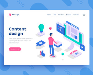 Content design concept, office man interact with screen.