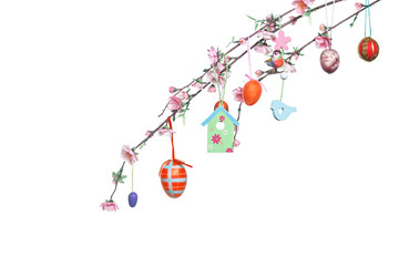 Easter Branches - with Easter Eggs, Ribbons and Chick, Isolated on White