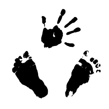 Newborn hand and feets prints silhouettes white isolated
