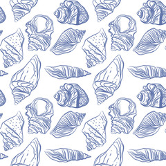 Seamless Endless Pattern with Print of seashells in hand drawing style on white background. Can be used in food industry for wallpapers, posters, wrapping paper, Vector illustration